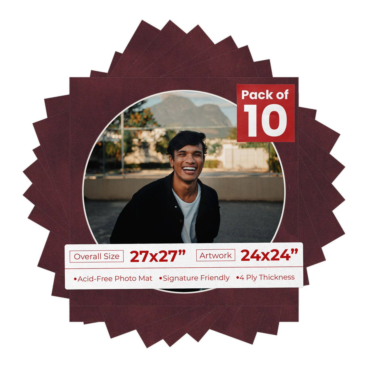 Dark Red Suede Mat Board for 27x27 Frames - Circle Opening for 24x24 Photos